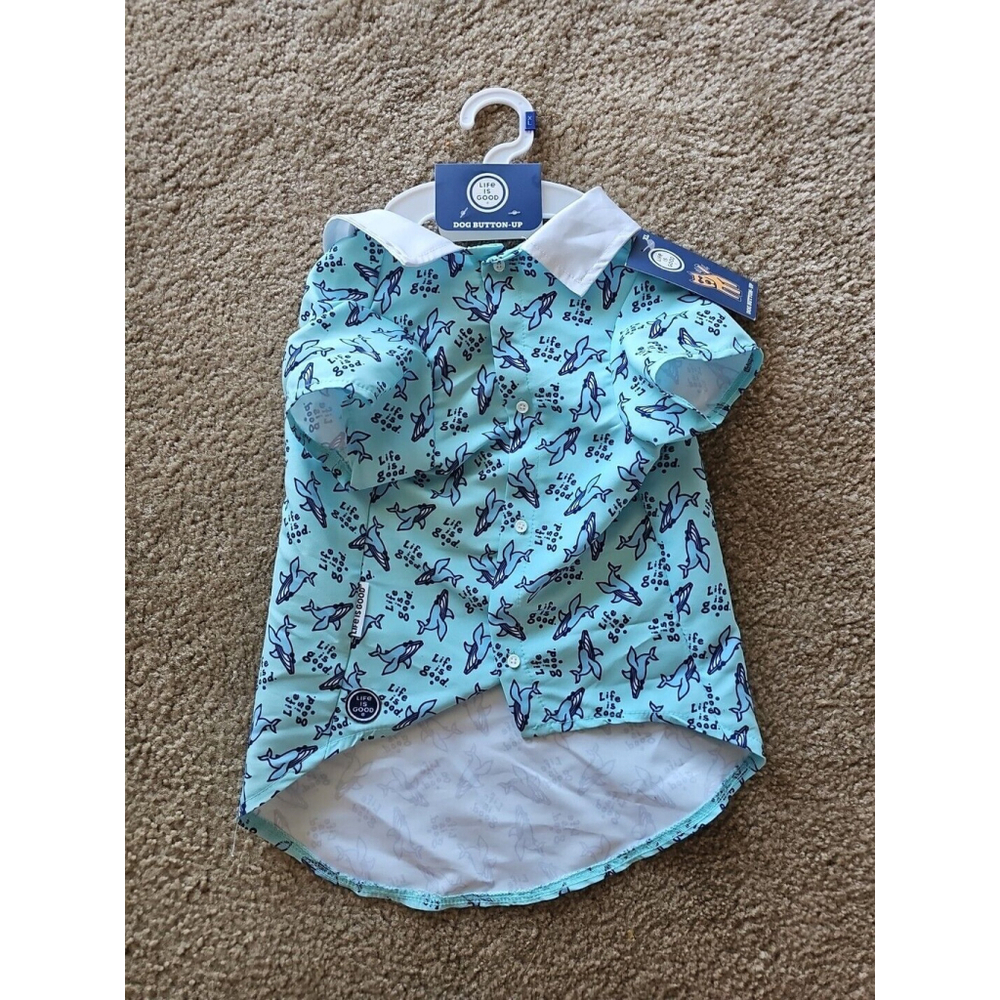 Life Is Good Seafoam Dog Button-Up Shirt with Whale Print- Size XL